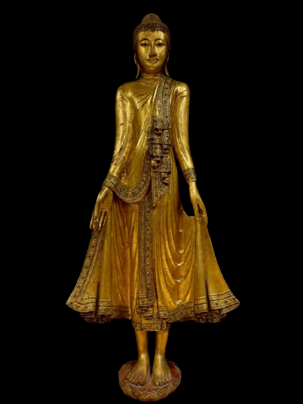 Tall gilded lacquer wood standing Buddha in calling the rain pose- 7585